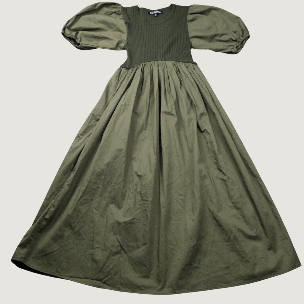 En Saison Mixed Media Midi Dress Women Olive Green Puff Sleeve Cottagecore S